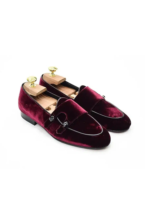 Mocassini doppia fibbia Velluto Bordeaux con applicazioni in pietra