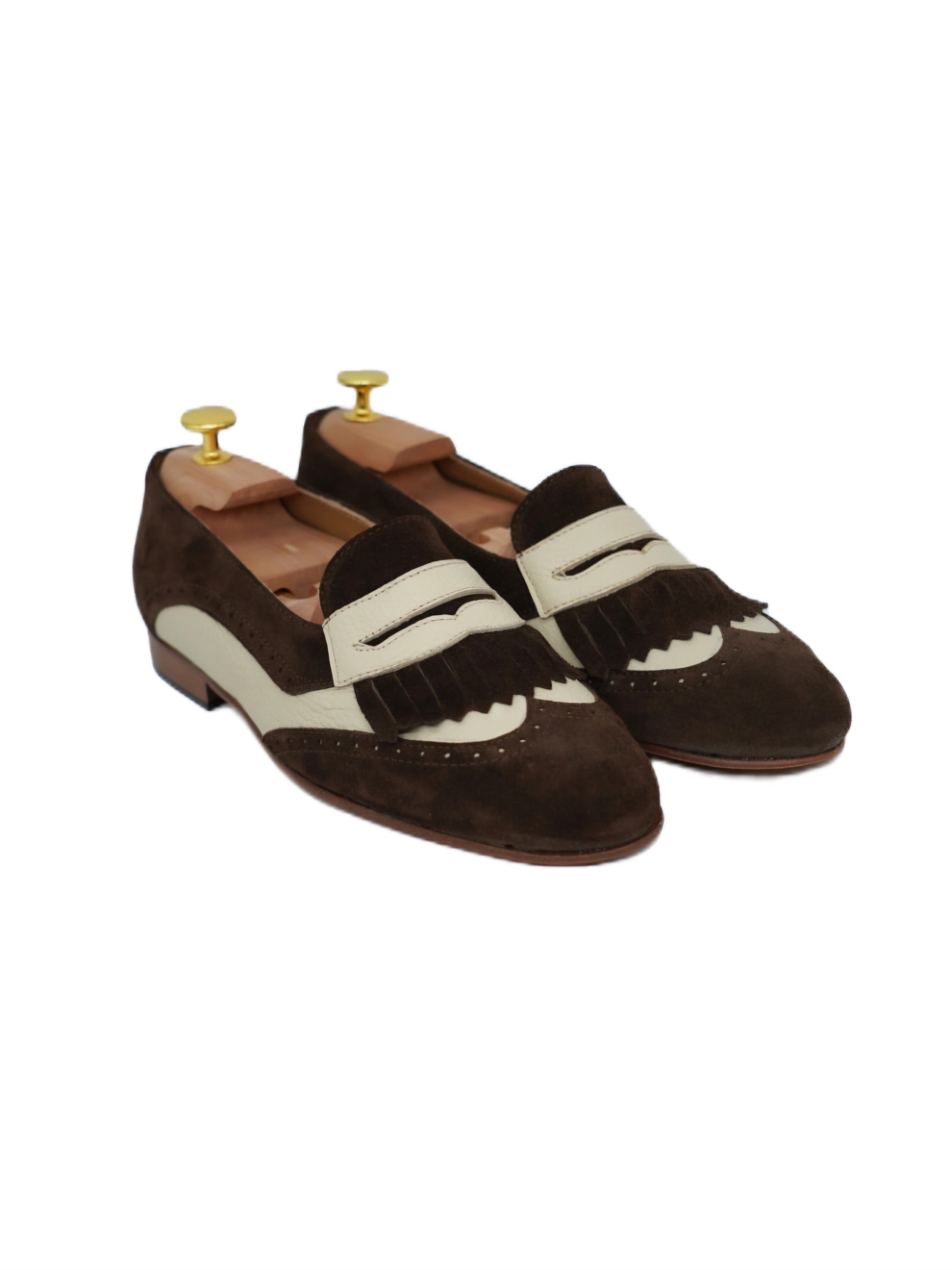 Mocassino inglese in pelle scamosciata bicolore cacao/panna