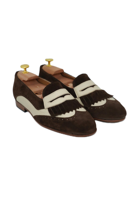 Mocassino inglese in pelle scamosciata bicolore cacao/panna