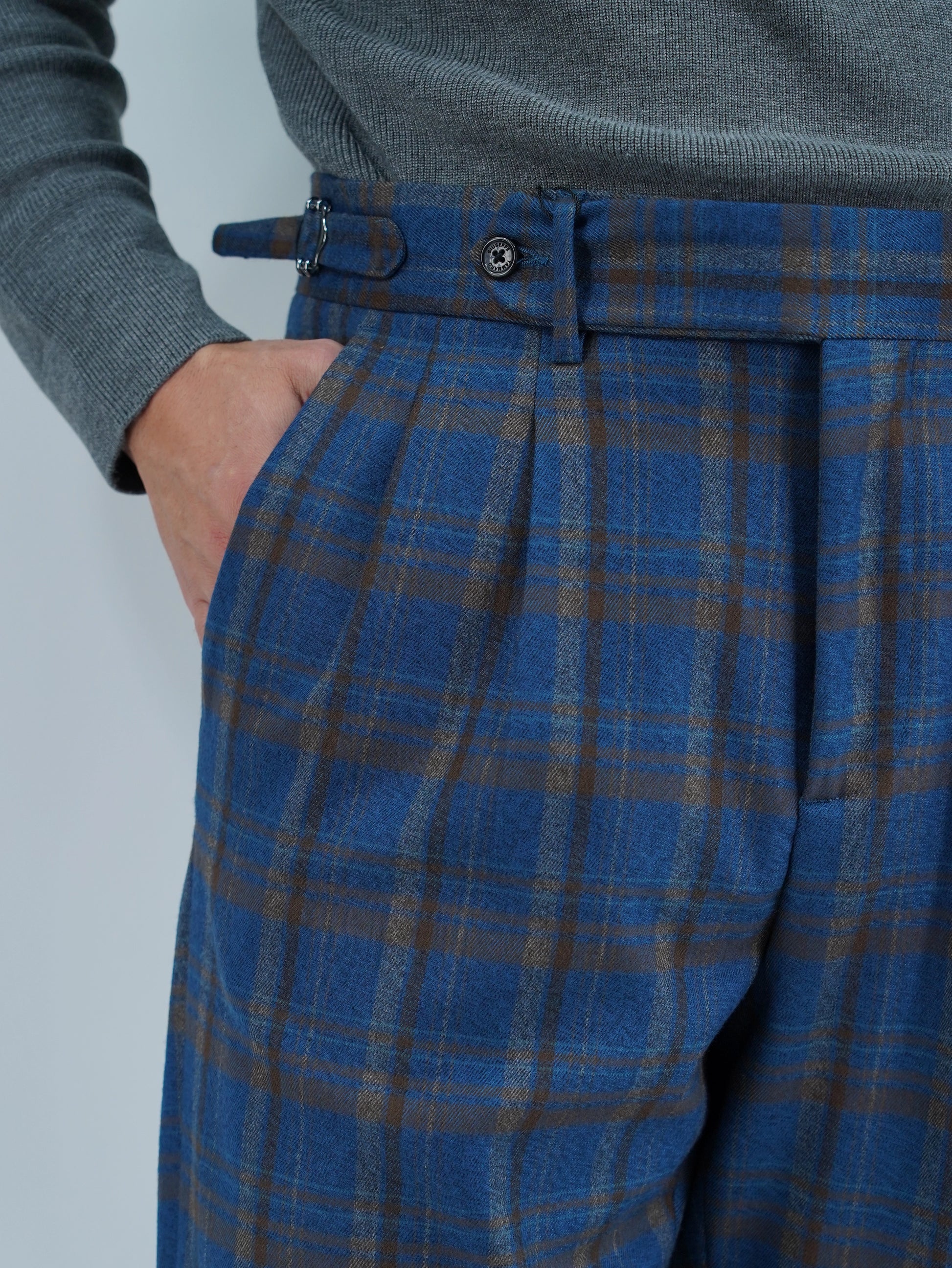 Gurkha 1 bottone con fibbie laterali stringenti Tartan Blu Check