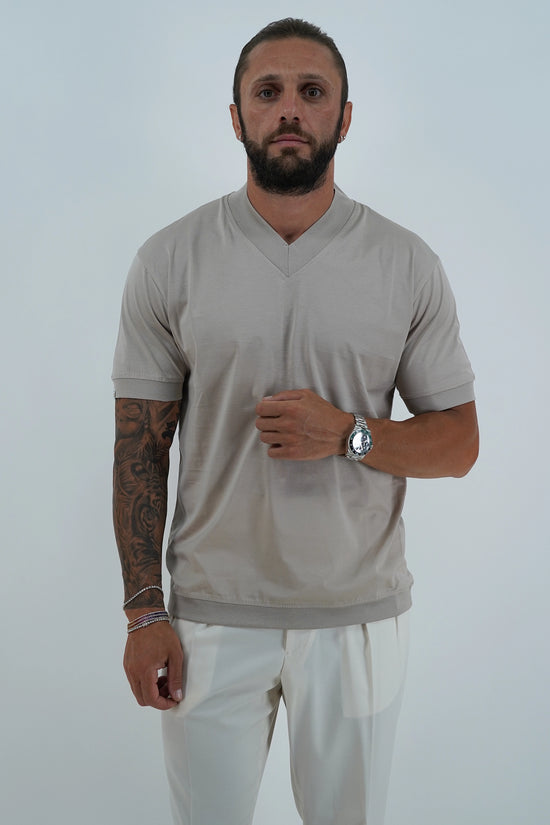 T-Shirt in Filo di Scozia | Scollo a V| Sabbia