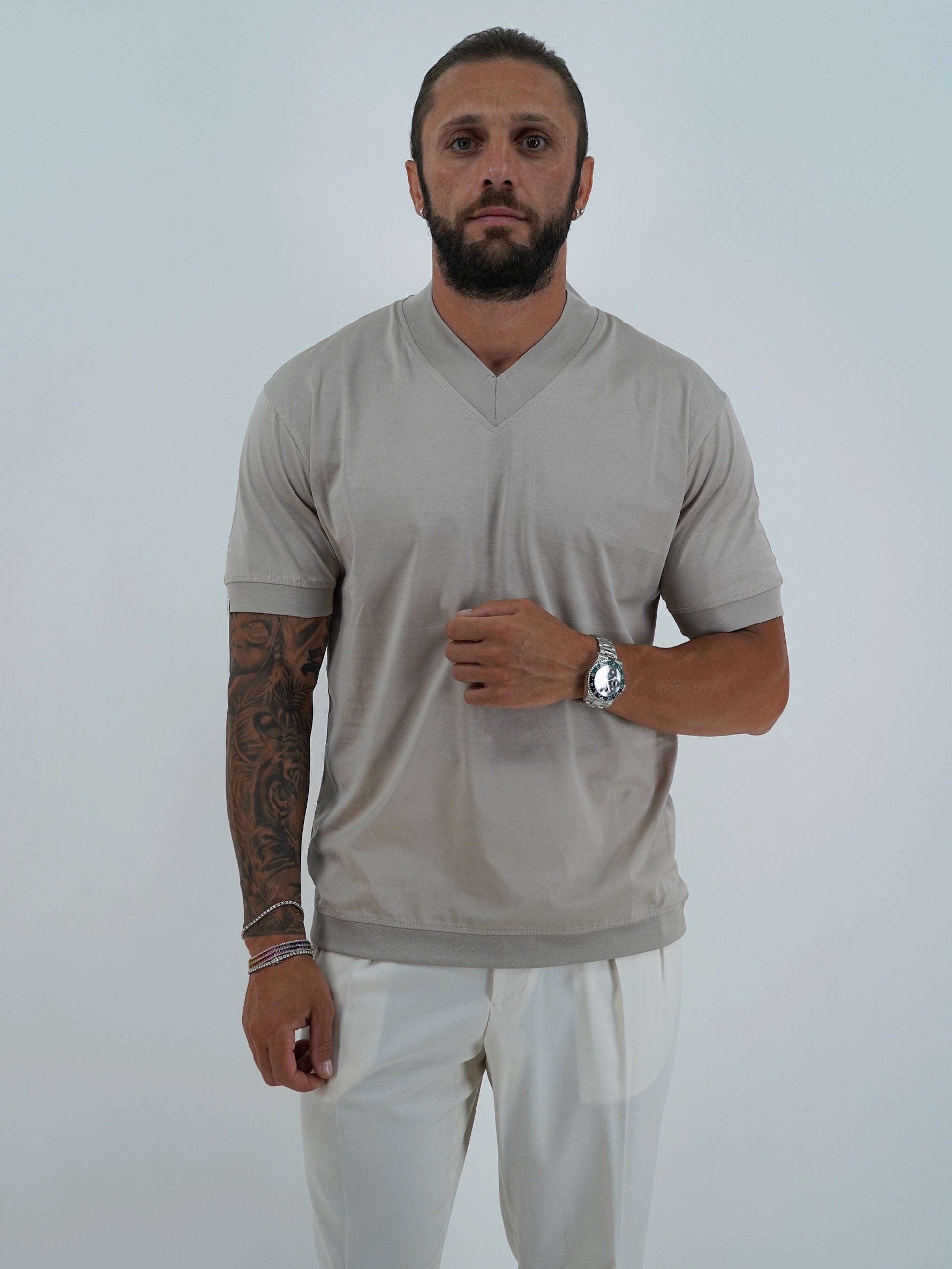 T-Shirt in Filo di Scozia | Scollo a V| Sabbia