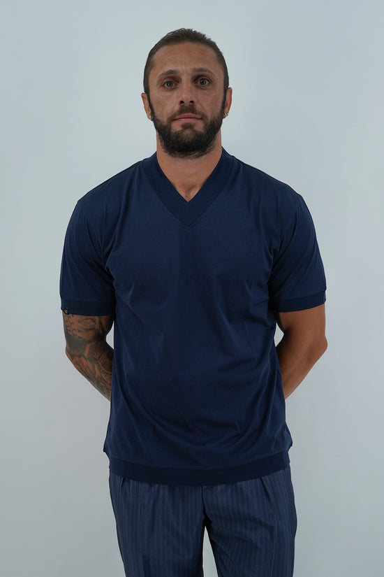 T-Shirt in Filo di Scozia | Scollo a V| Blu
