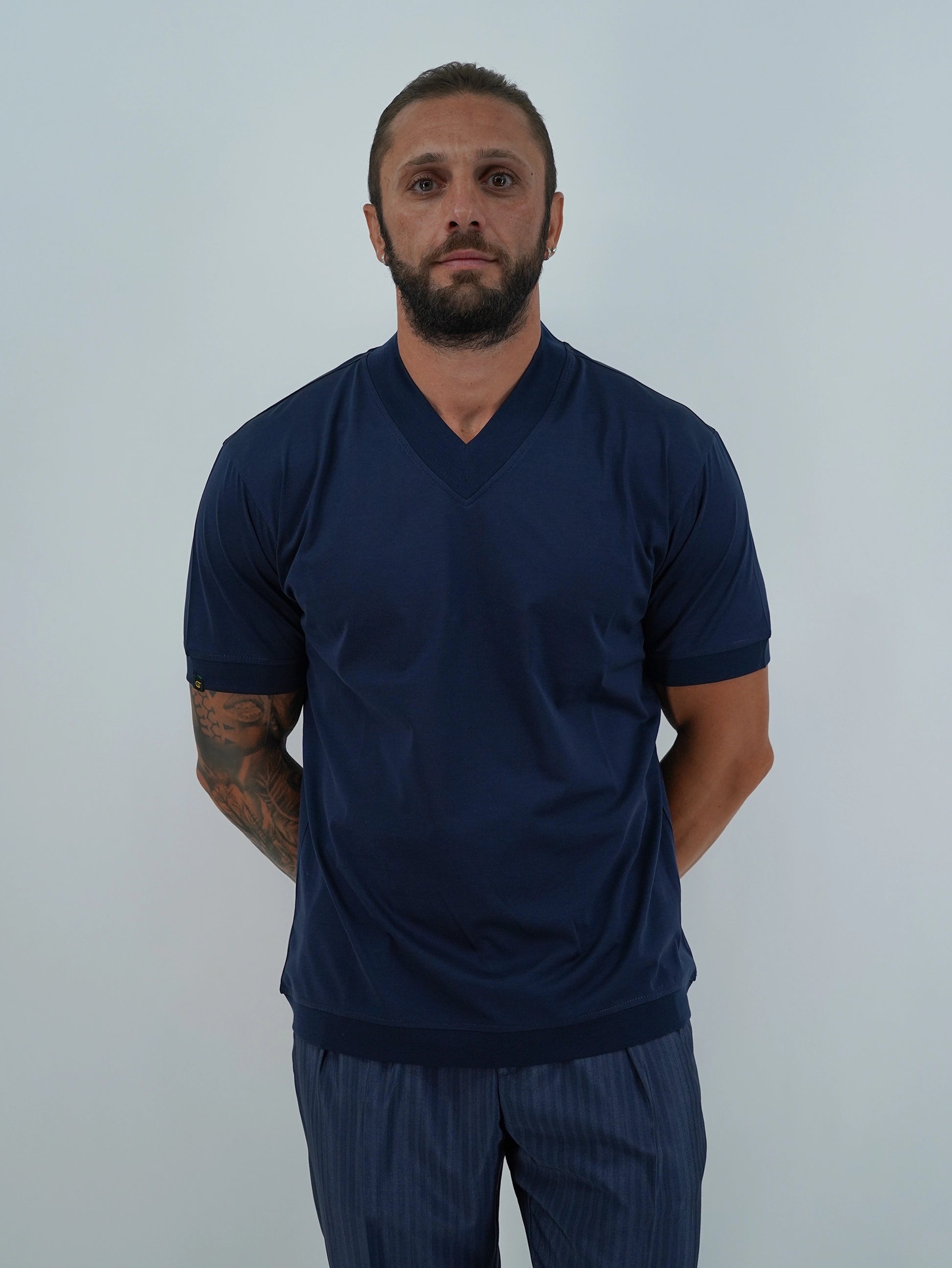 T-Shirt in Filo di Scozia | Scollo a V| Blu
