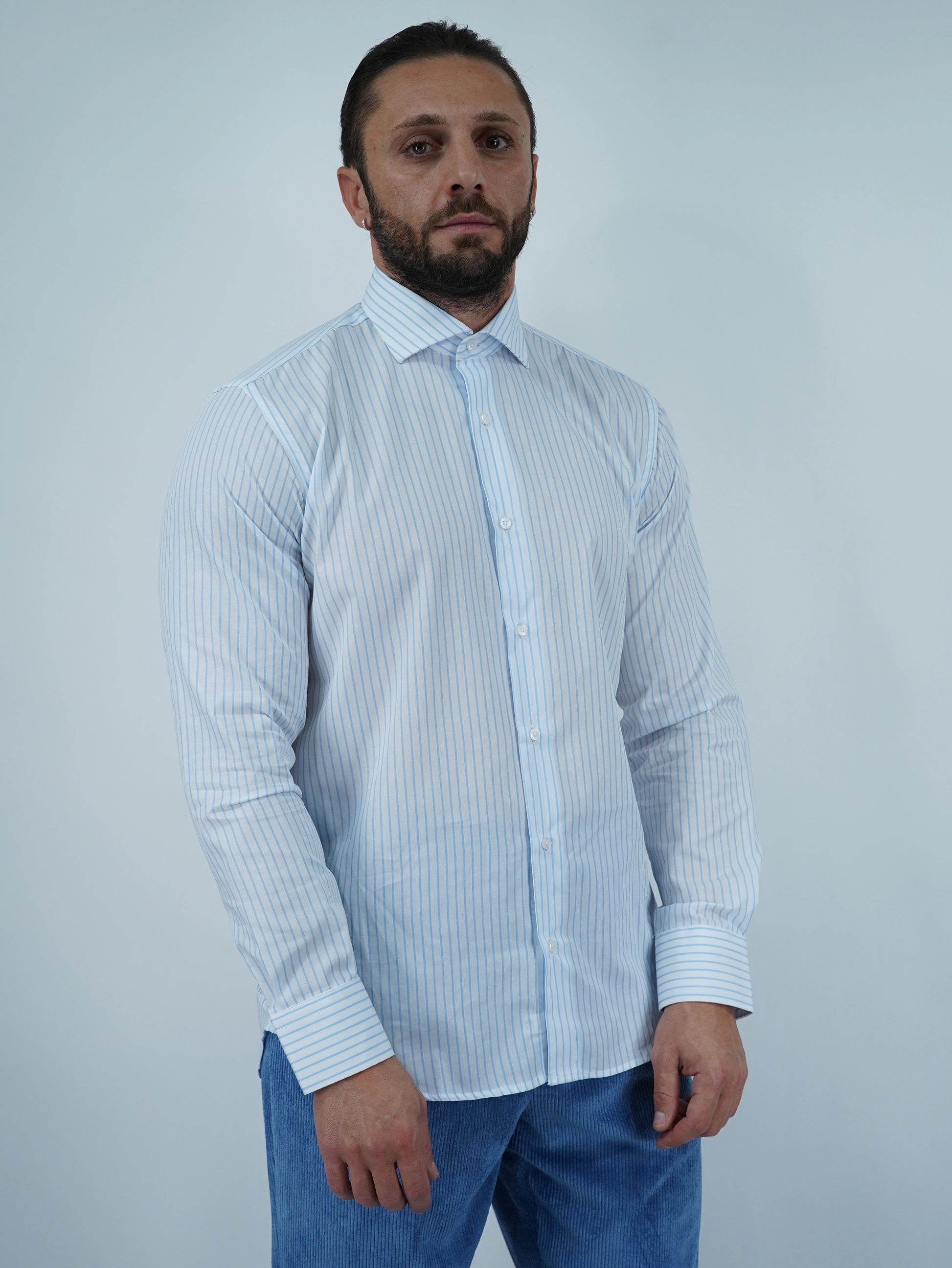 Camicia collo francese Bianca rigo celeste