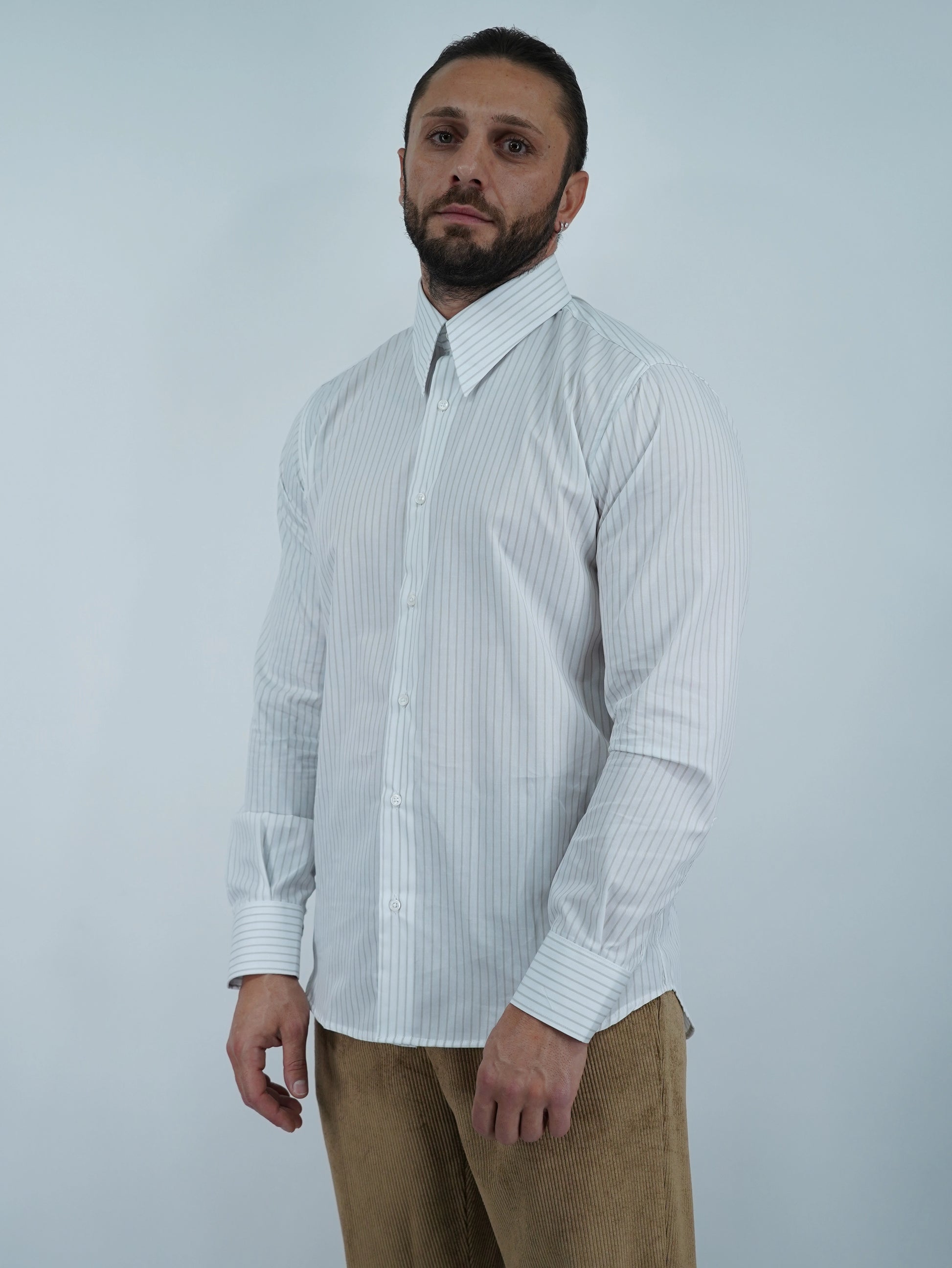 Camicia collo a vela bianca rigo beige