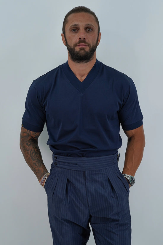 T-Shirt in Filo di Scozia | Scollo a V| Blu