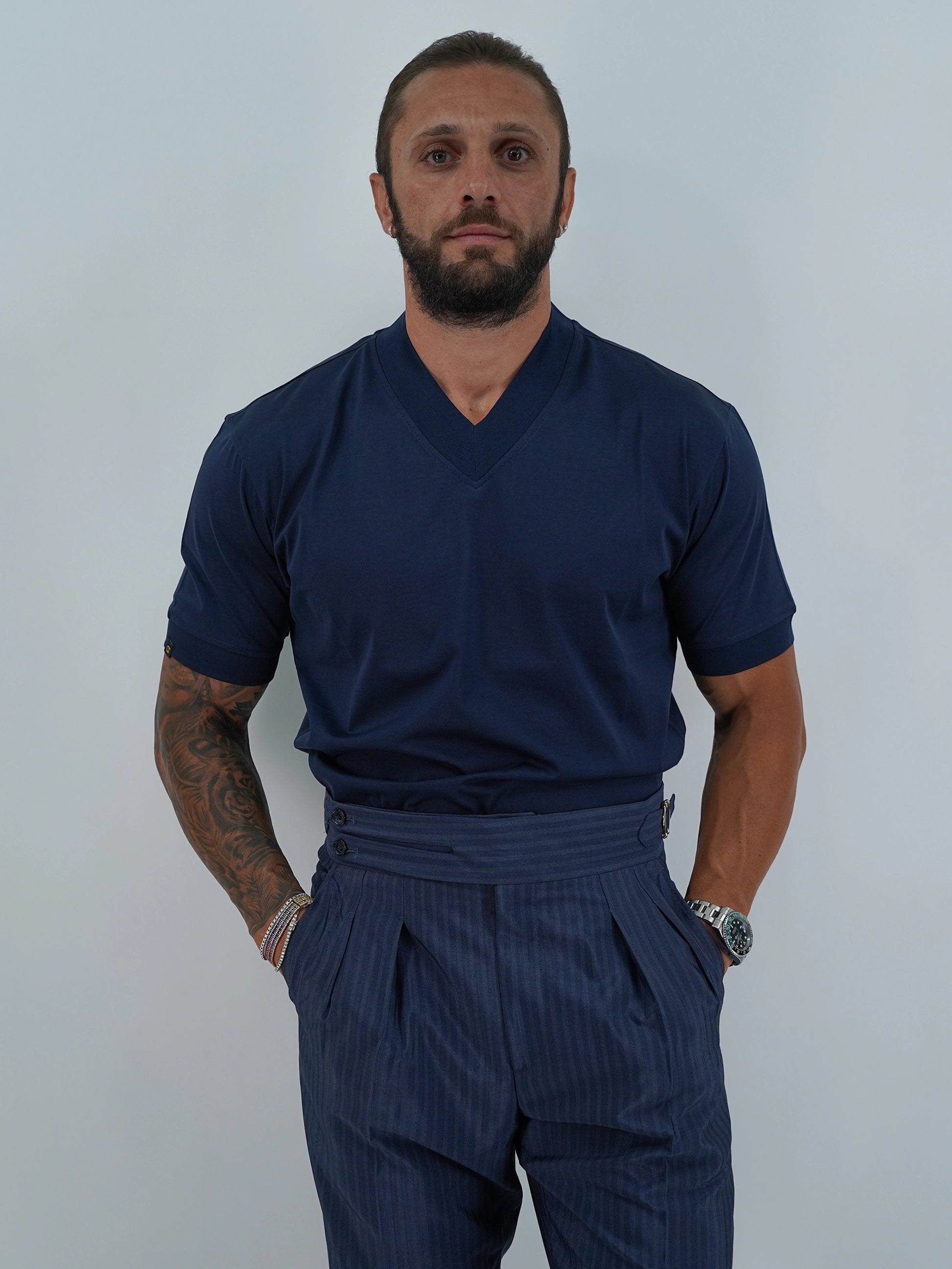 T-Shirt in Filo di Scozia | Scollo a V| Blu