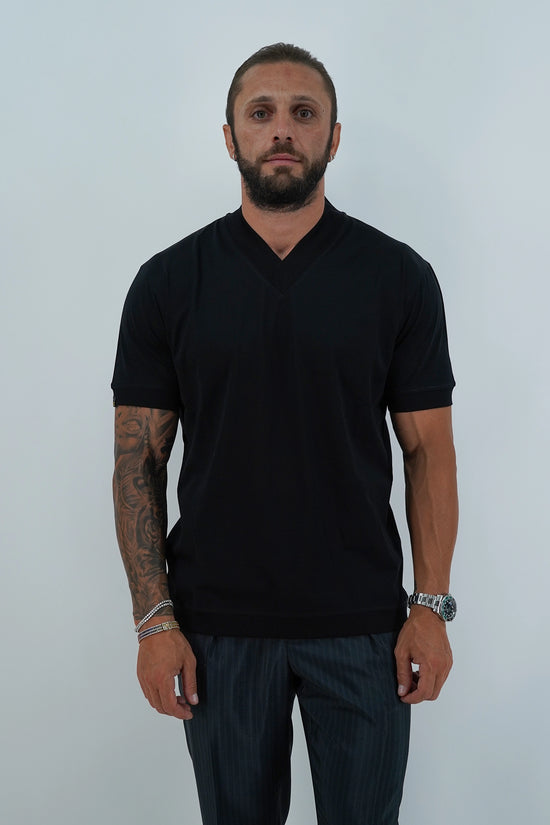T-Shirt in Filo di Scozia | Scollo a V| Nero