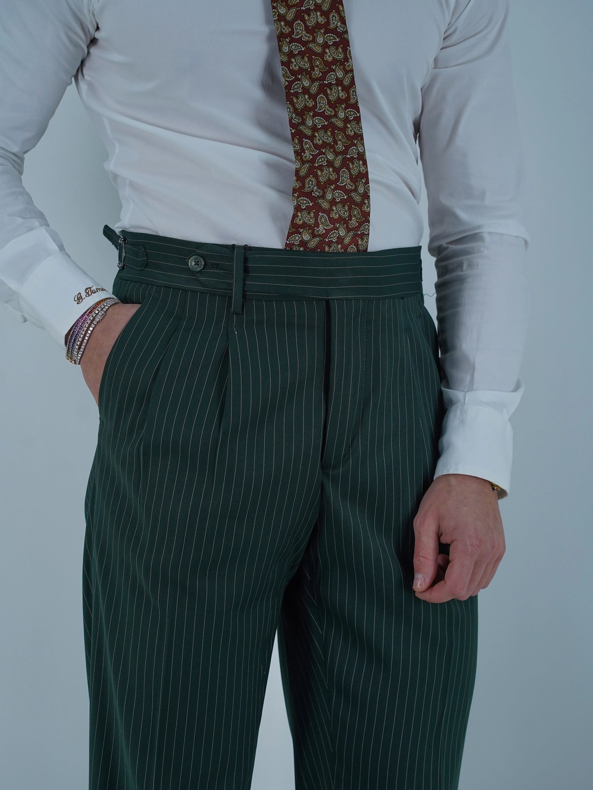 Gurkha 1 bottone - Fondo 20/23cm | Doppia Fibbia Regolabile | Verde Bottiglia Gessato