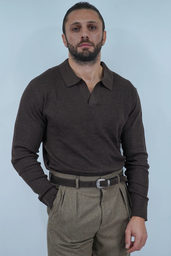 Polo senza bottoni in filo caffè