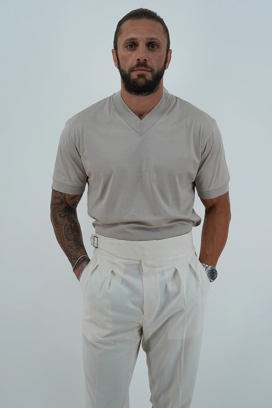 T-Shirt in Filo di Scozia | Scollo a V| Sabbia