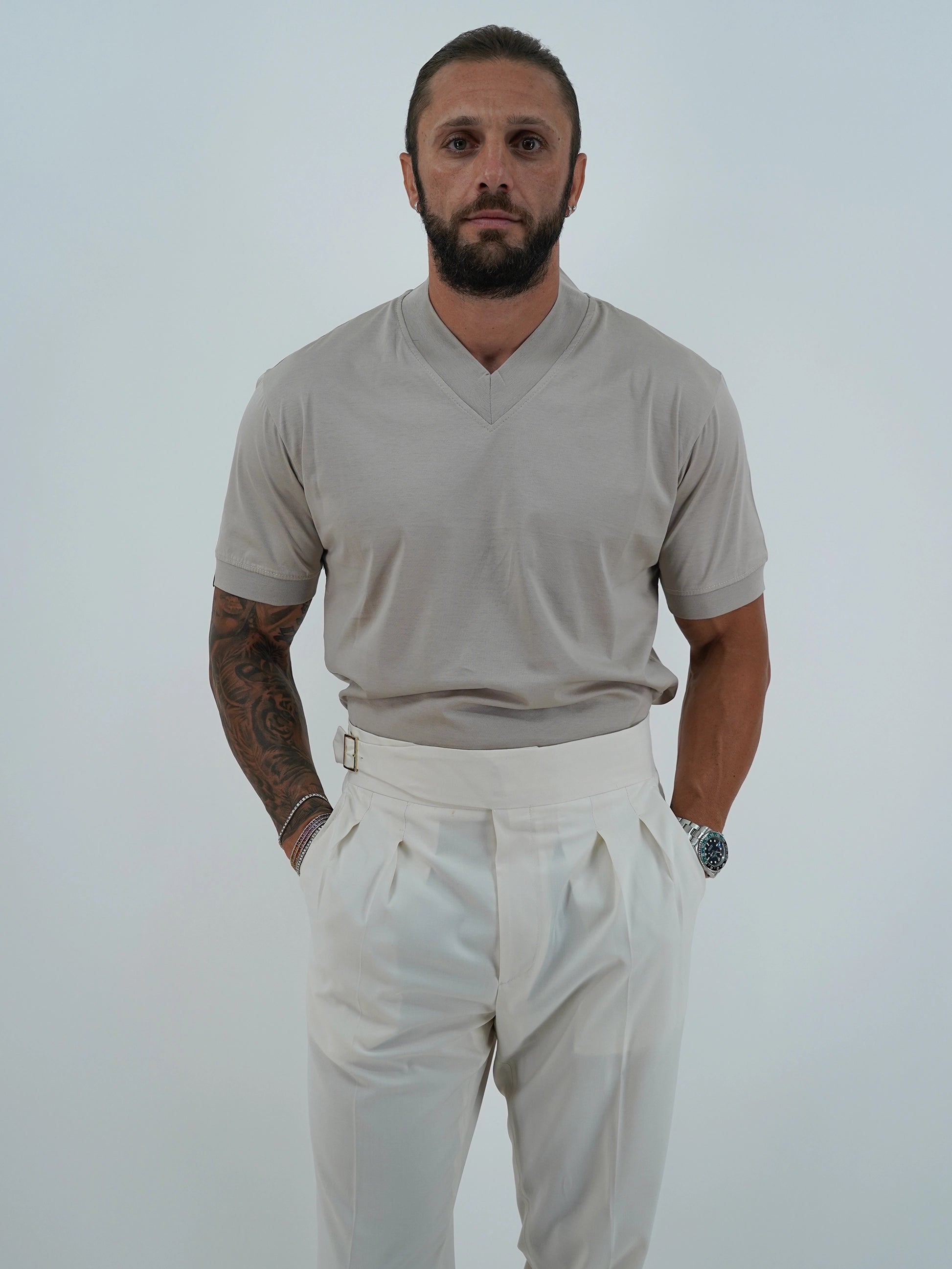 T-Shirt in Filo di Scozia | Scollo a V| Sabbia