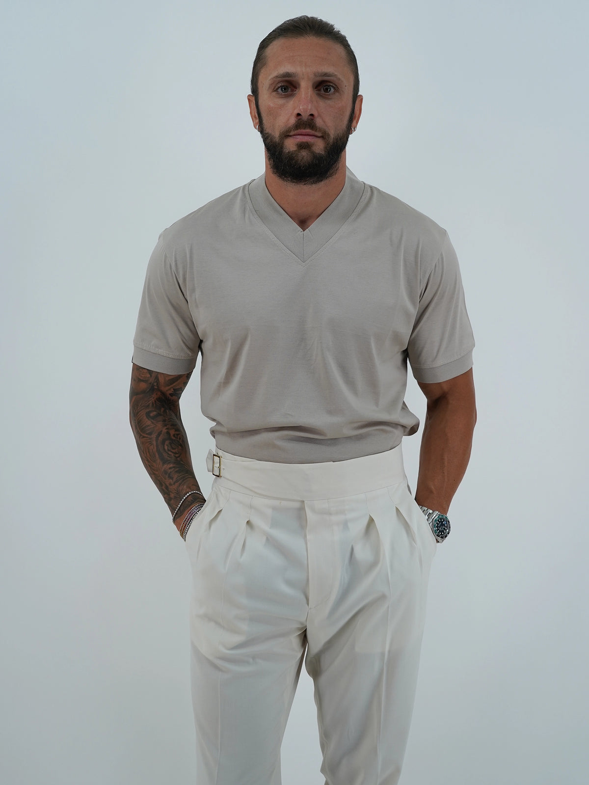 T-Shirt in Filo di Scozia | Scollo a V| Sabbia