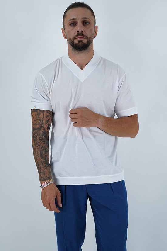 T-Shirt in Filo di Scozia | Scollo a V| Bianco