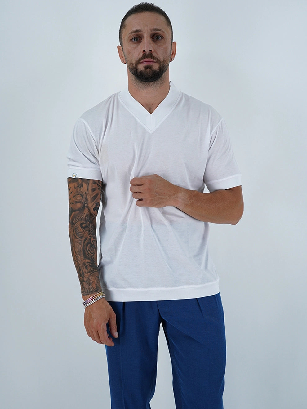 T-Shirt in Filo di Scozia | Scollo a V| Bianco