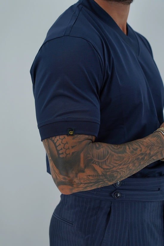 T-Shirt in Filo di Scozia | Scollo a V| Blu