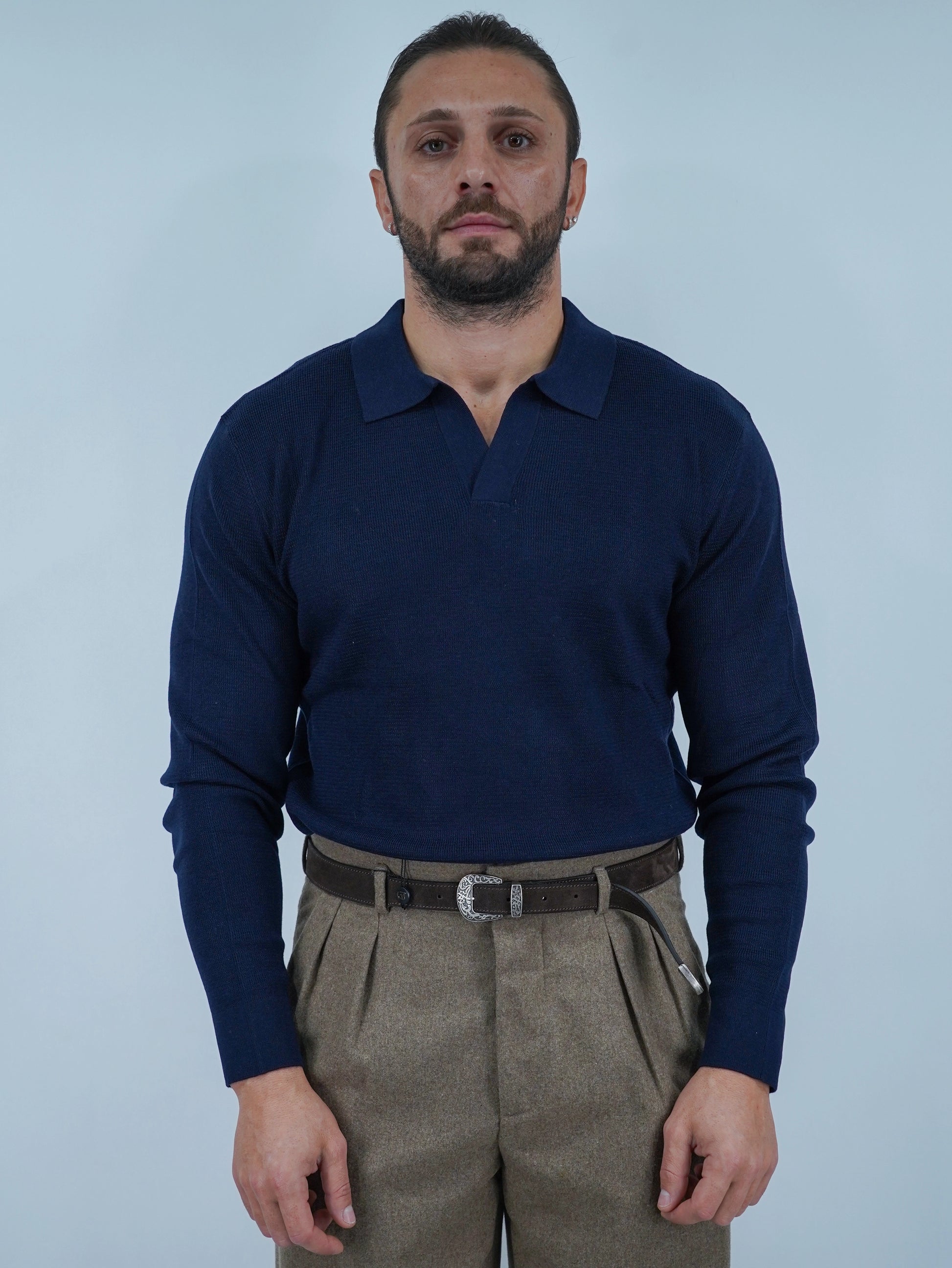 Polo senza bottoni in filo blu