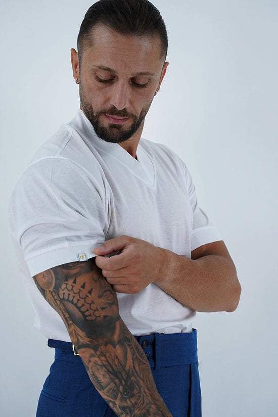 T-Shirt in Filo di Scozia | Scollo a V| Bianco
