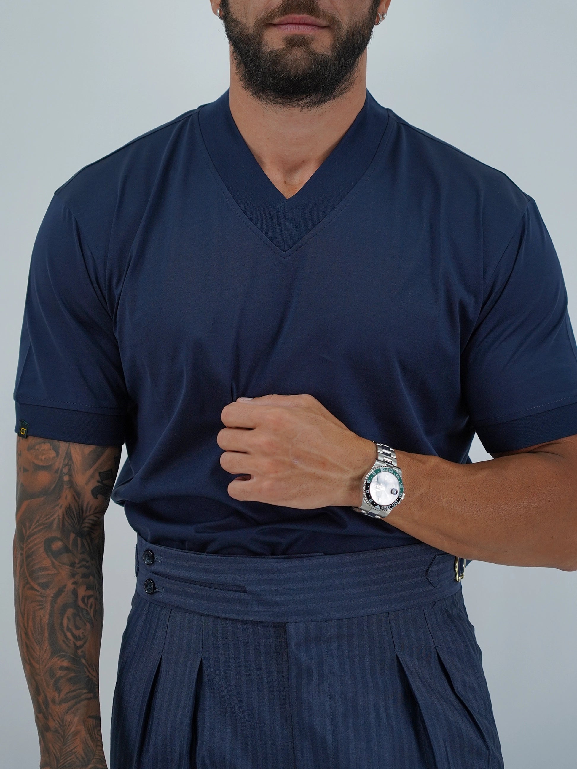 T-Shirt in Filo di Scozia | Scollo a V| Blu