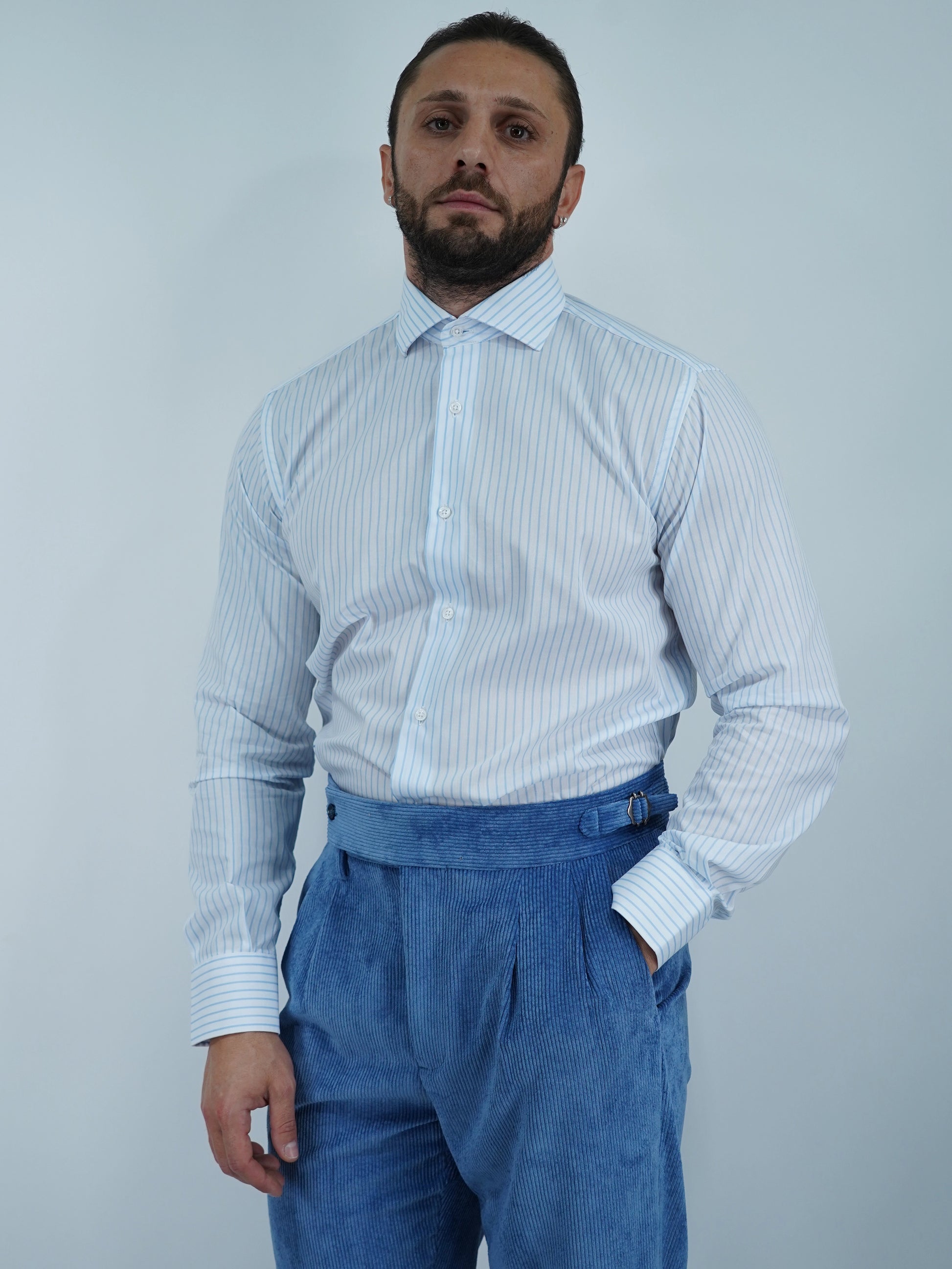 Camicia collo francese Bianca rigo celeste