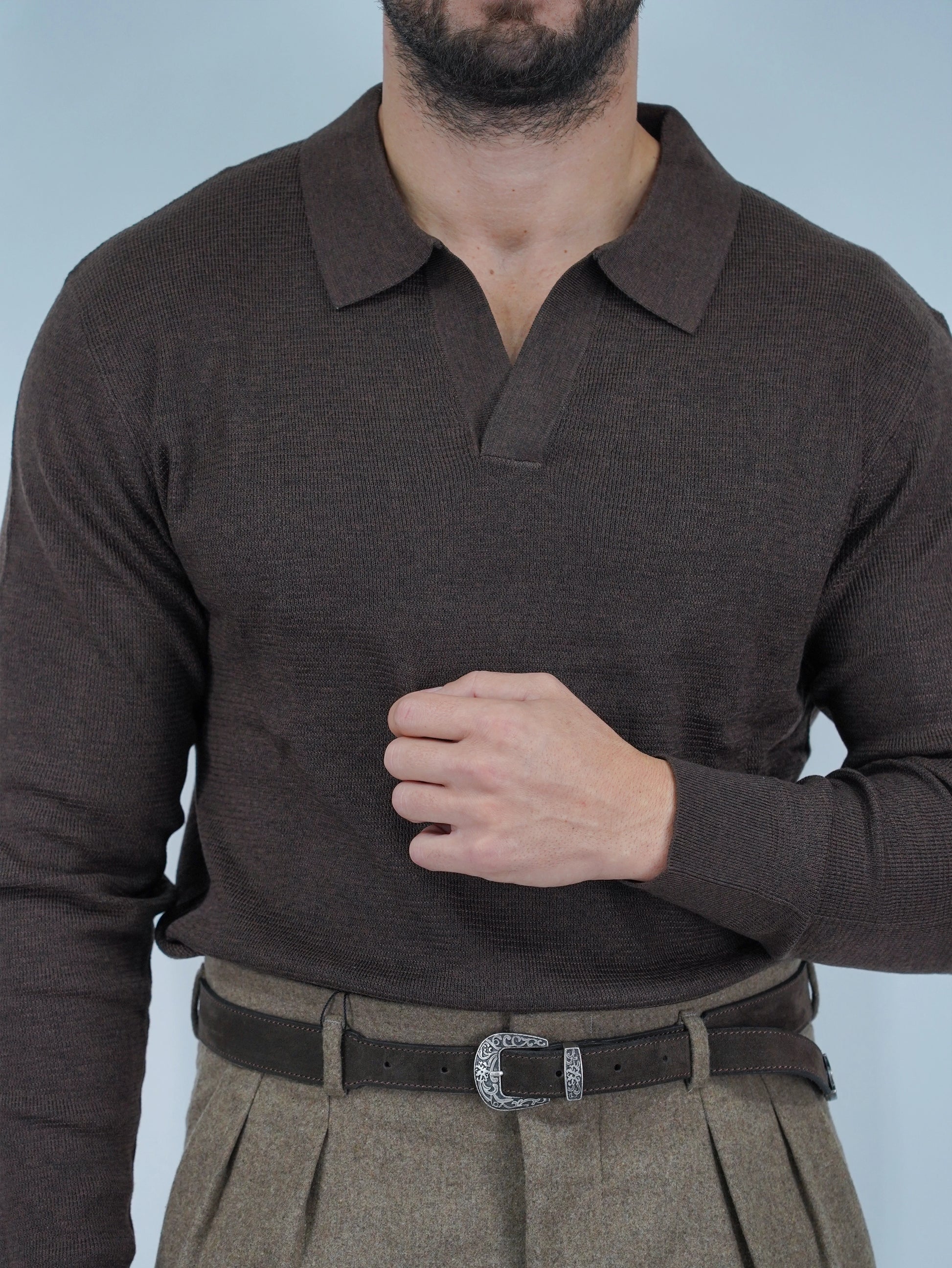 Polo senza bottoni in filo caffè