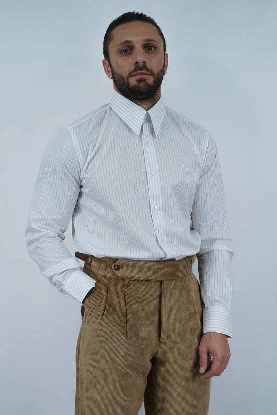 Camicia collo a vela bianca rigo beige