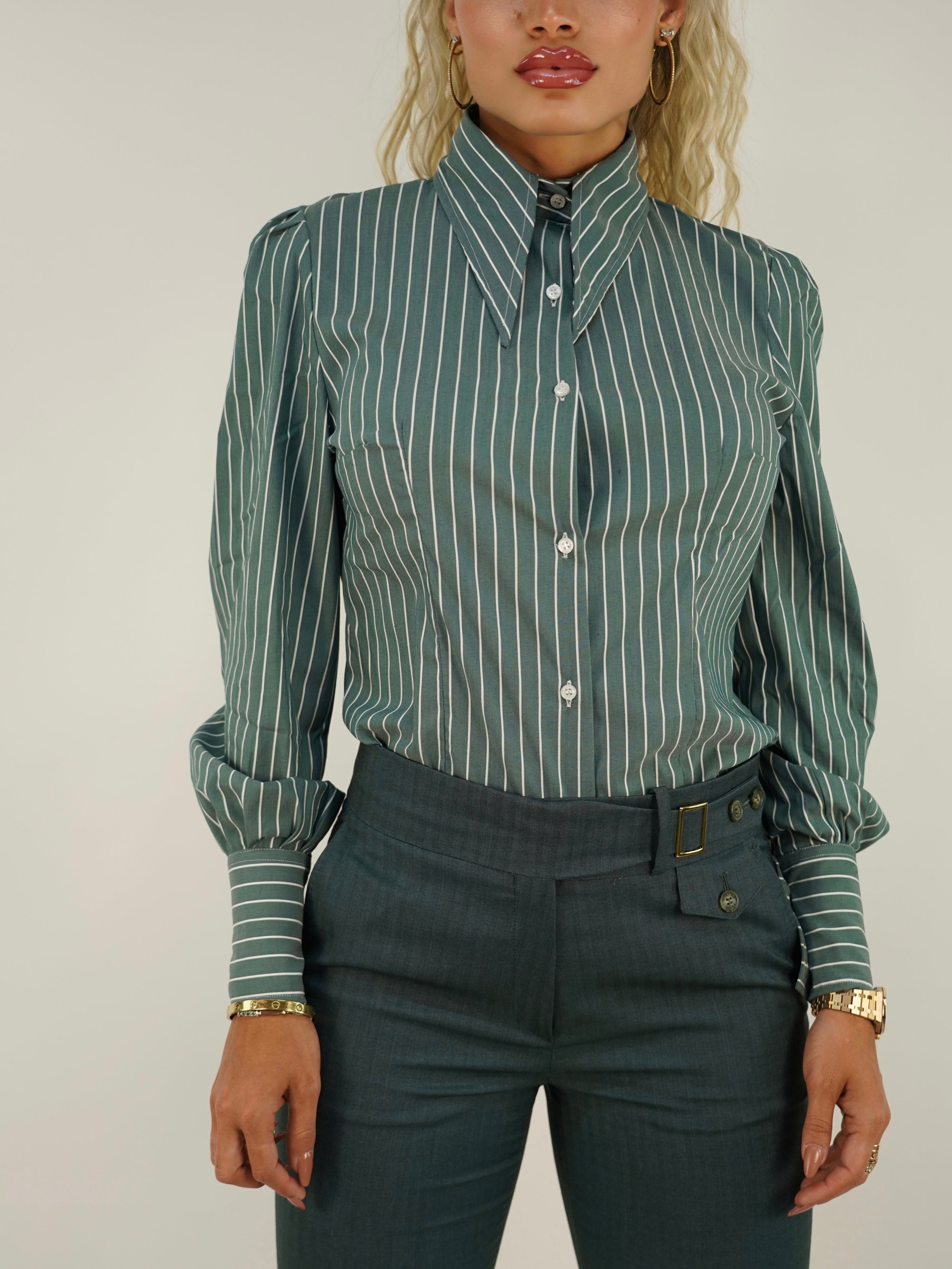 Camicia Mory collo a vela verde rigato