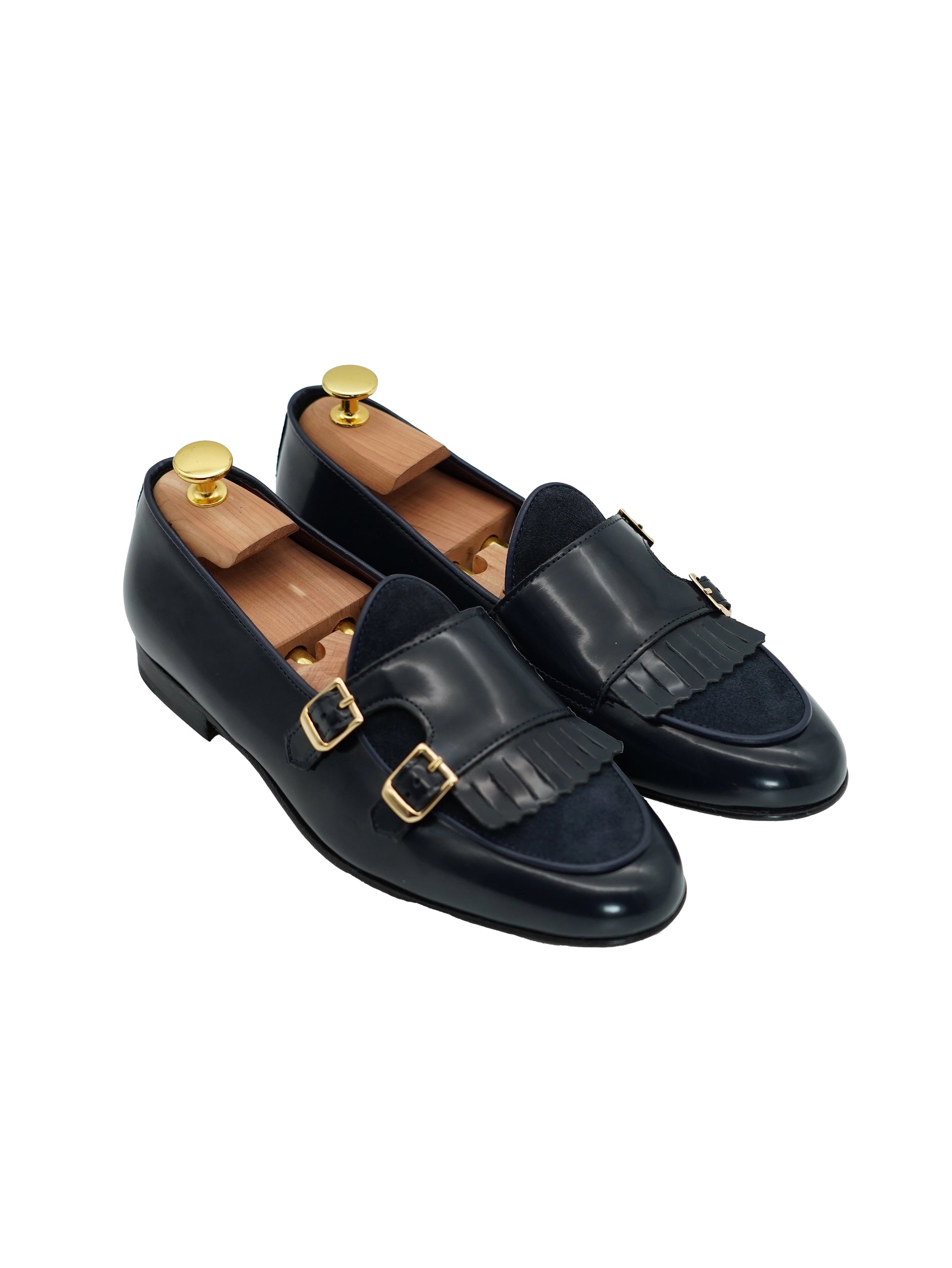 Mocassino doppiafibbia con frange abrasivato e camoscio blu