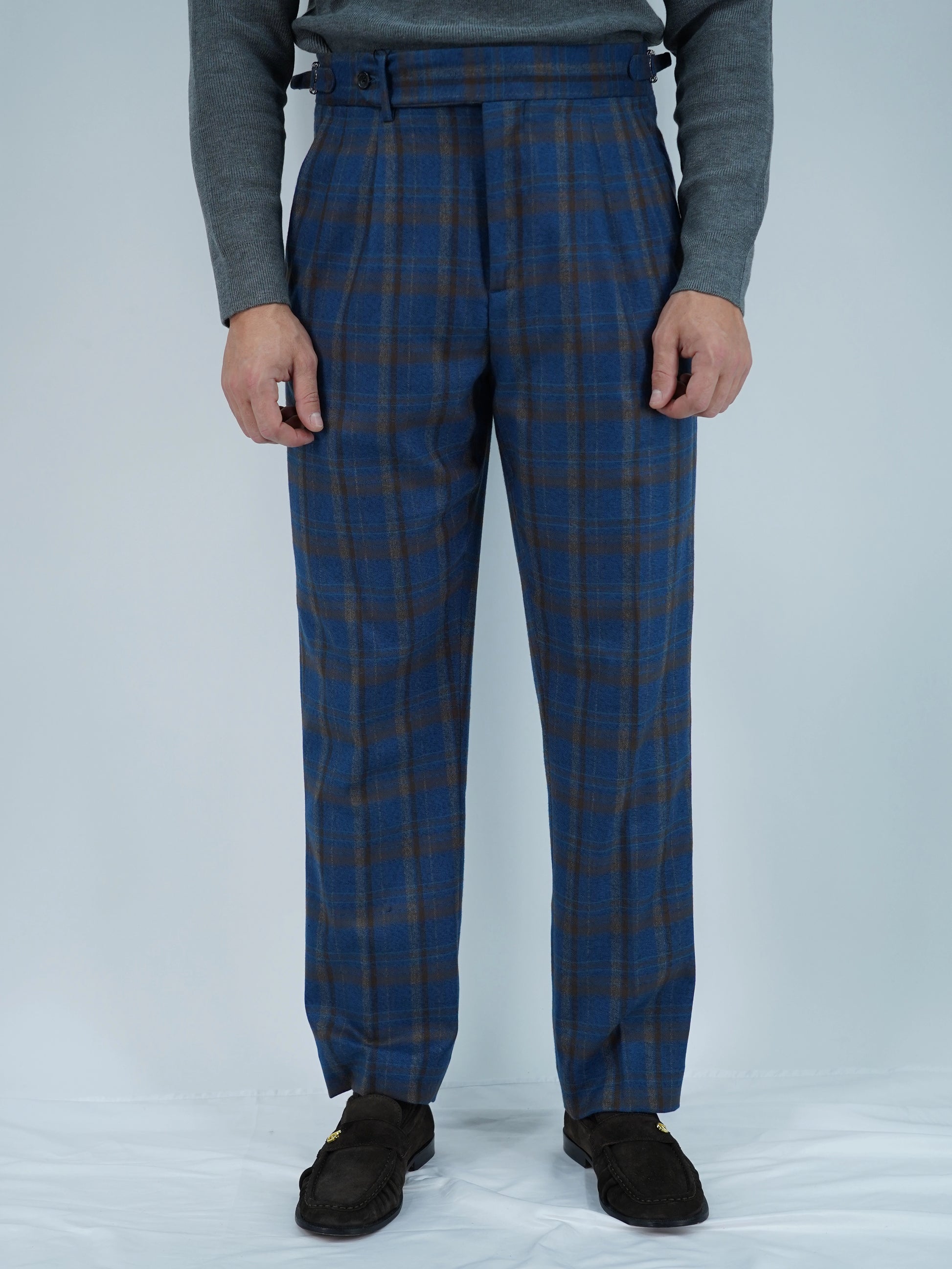 Gurkha 1 bottone con fibbie laterali stringenti Tartan Blu Check