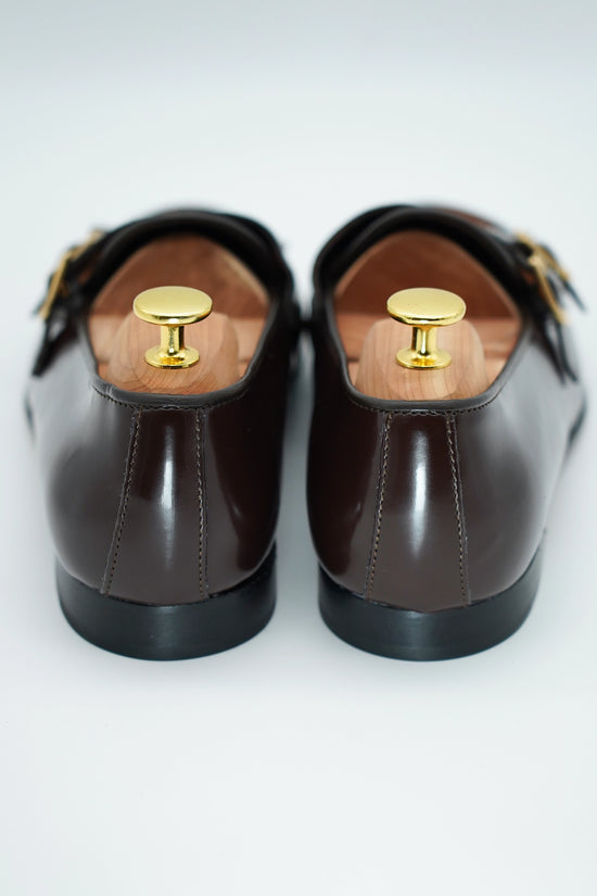 Mocassino doppiafibbia con frange abrasivato e camoscio testa di moro