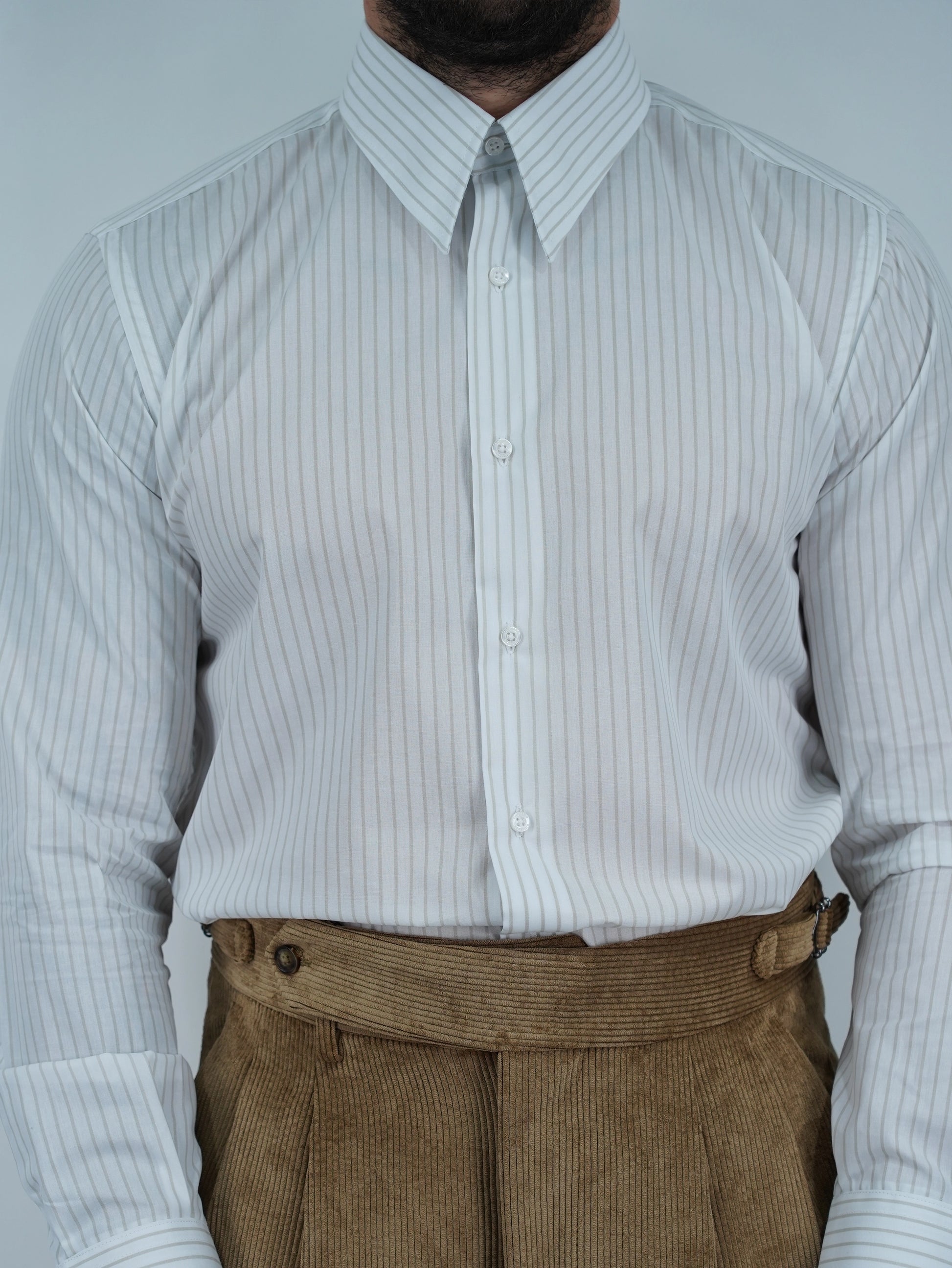 Camicia collo a vela bianca rigo beige