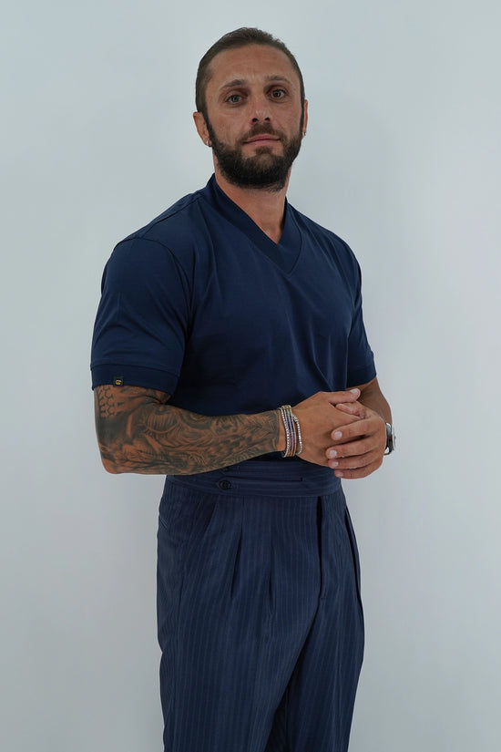 T-Shirt in Filo di Scozia | Scollo a V| Blu