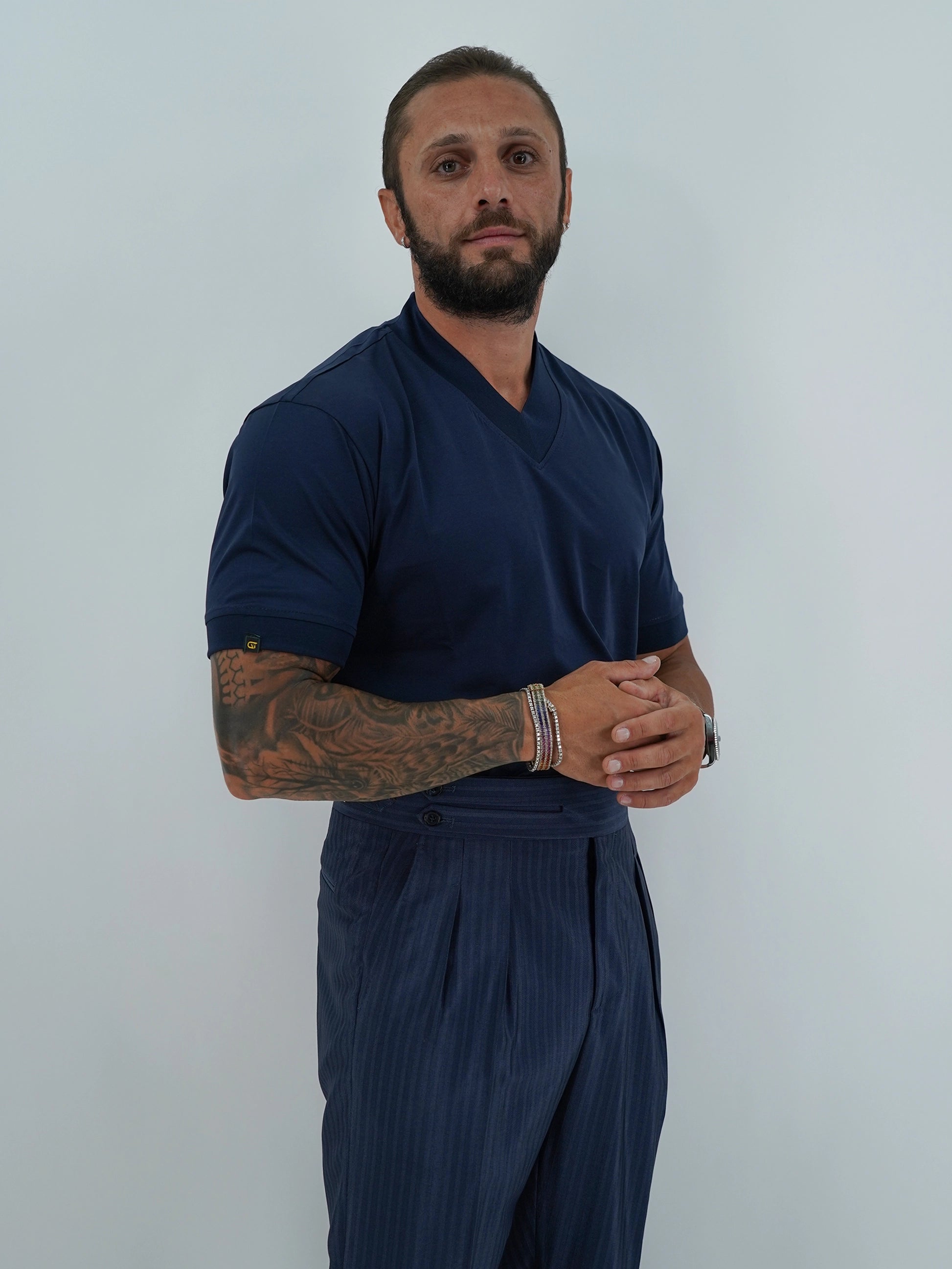 T-Shirt in Filo di Scozia | Scollo a V| Blu