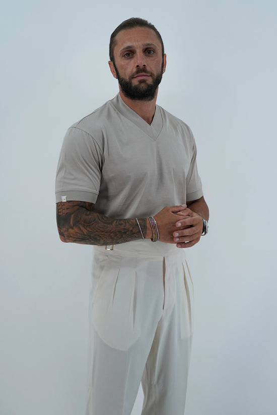 T-Shirt in Filo di Scozia | Scollo a V| Sabbia