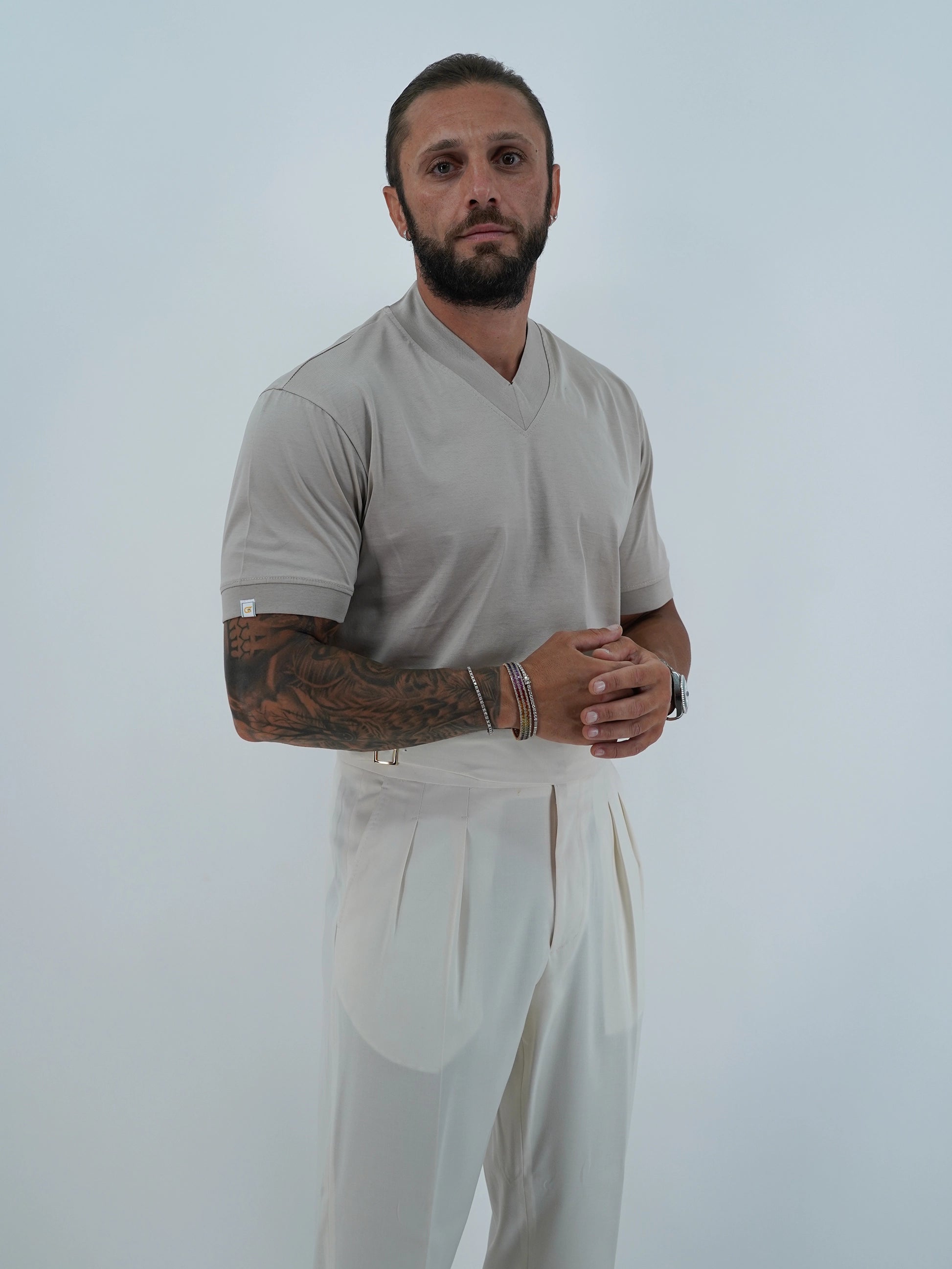 T-Shirt in Filo di Scozia | Scollo a V| Sabbia