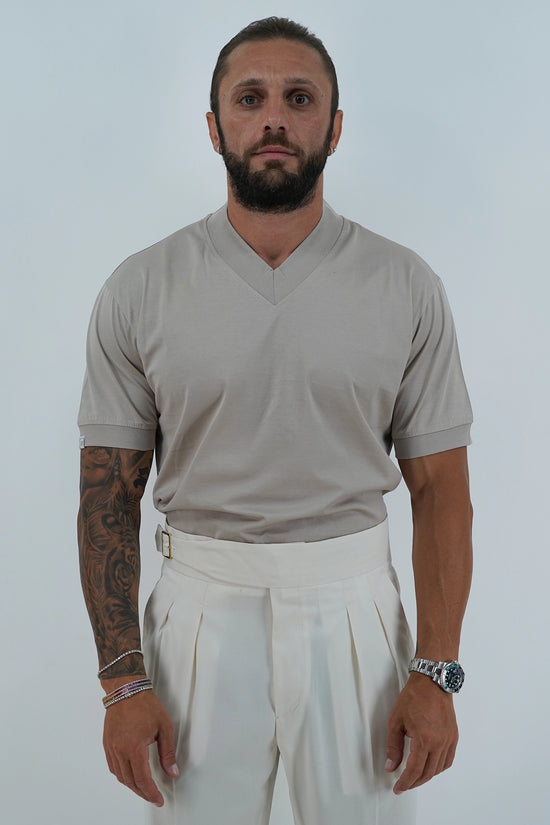 T-Shirt in Filo di Scozia | Scollo a V| Sabbia