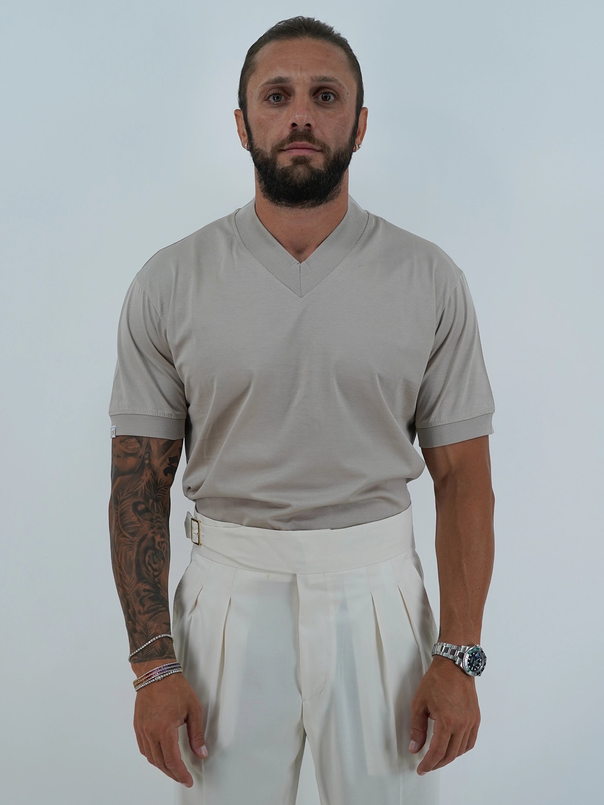 T-Shirt in Filo di Scozia | Scollo a V| Sabbia