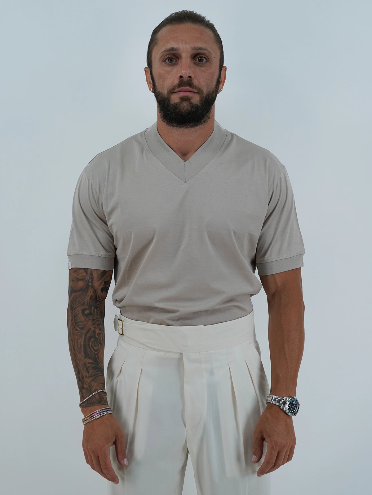 T-Shirt in Filo di Scozia | Scollo a V| Sabbia