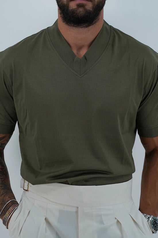 T-Shirt in Filo di Scozia | Scollo a V| Verde Militare