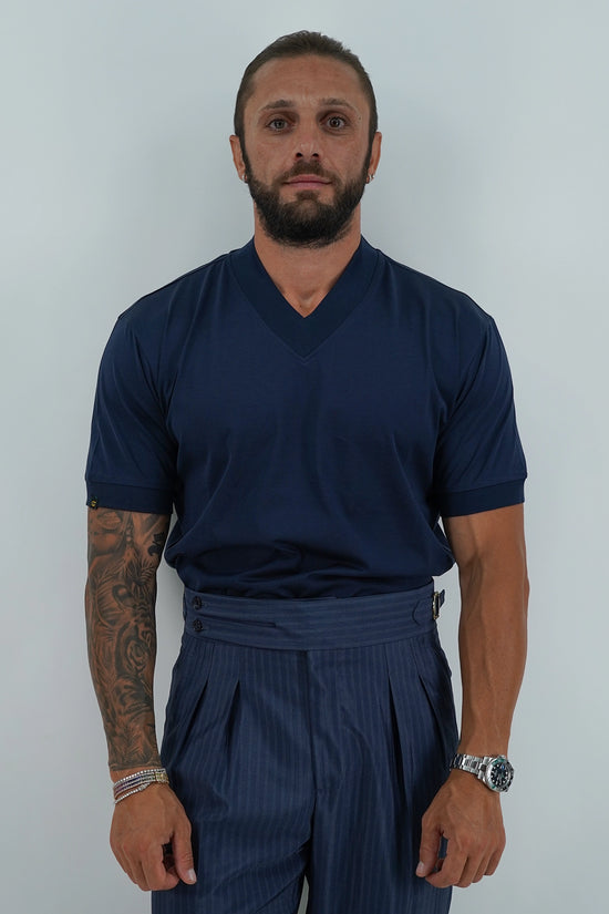 T-Shirt in Filo di Scozia | Scollo a V| Blu