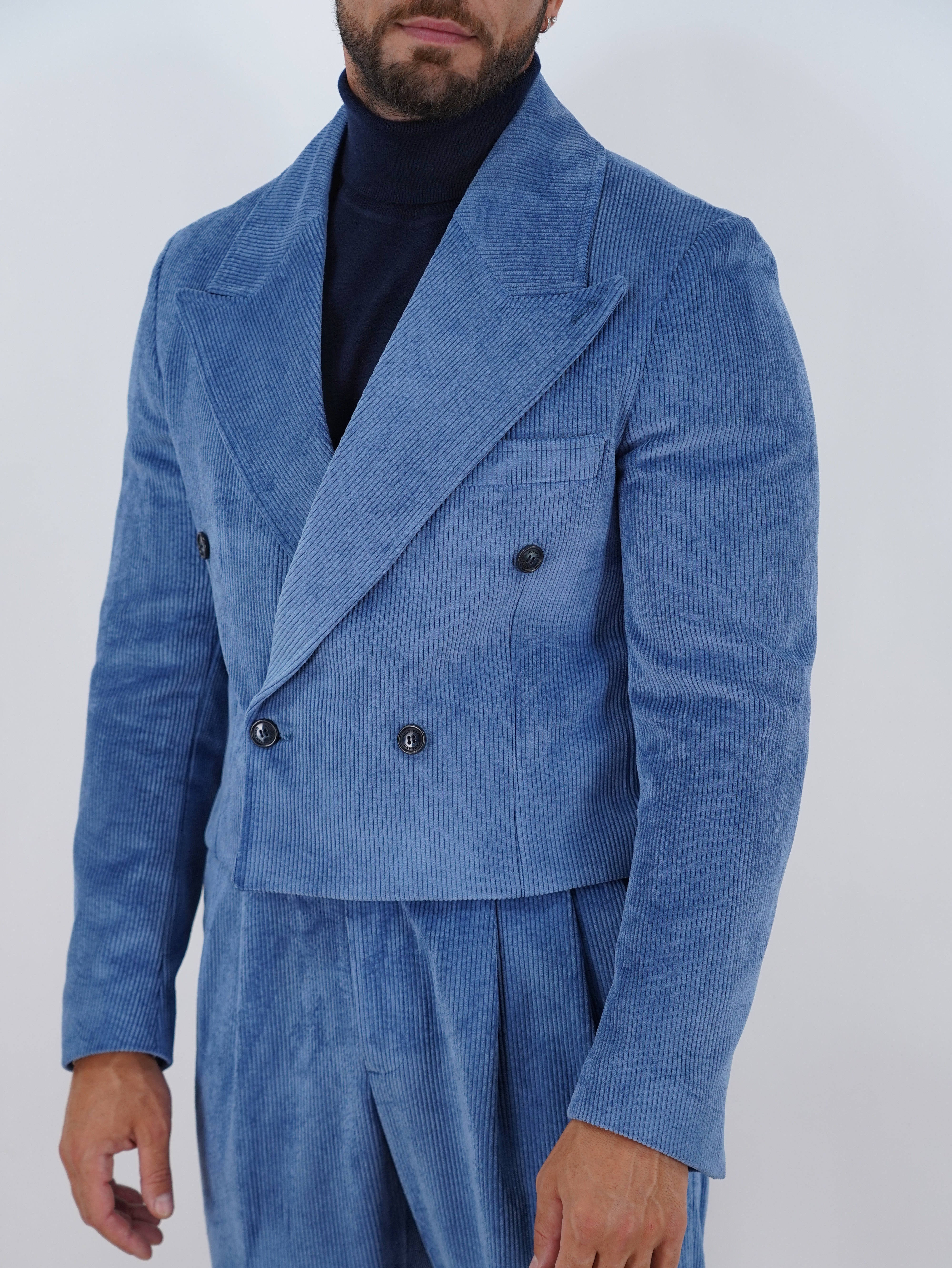 Giacca Cropped Doppiopetto in Velluto a Coste - Linea Extensive | Azzurro
