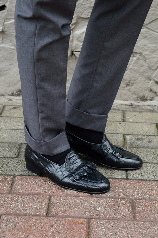 Mocassini con benda e frange cocco nero