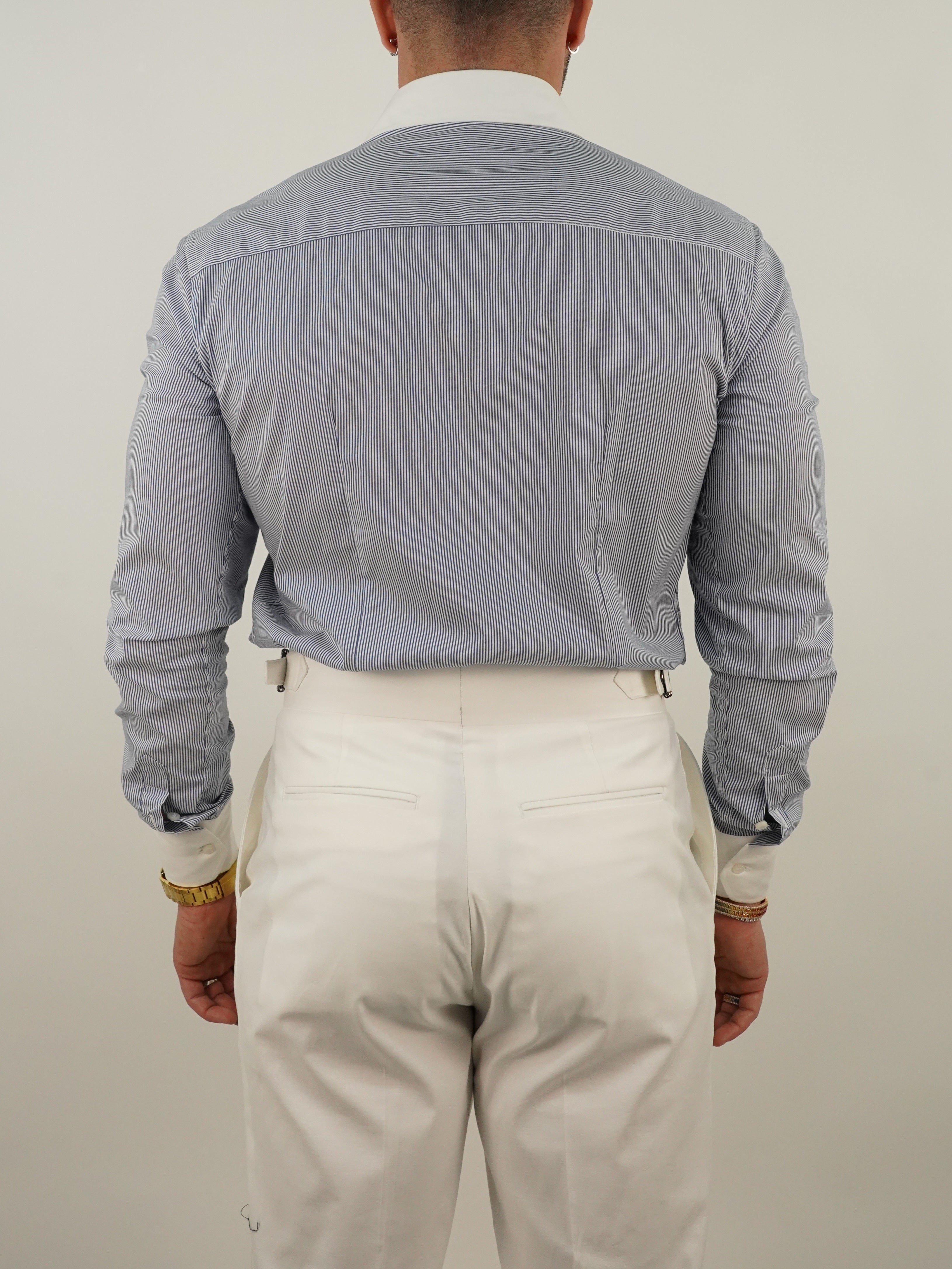 Camicia fantasia mille righe collo a vela Blu