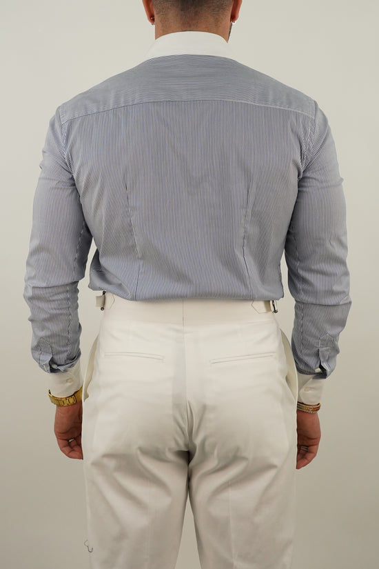 Camicia fantasia mille righe collo a vela con bottoni a scomparsa blu