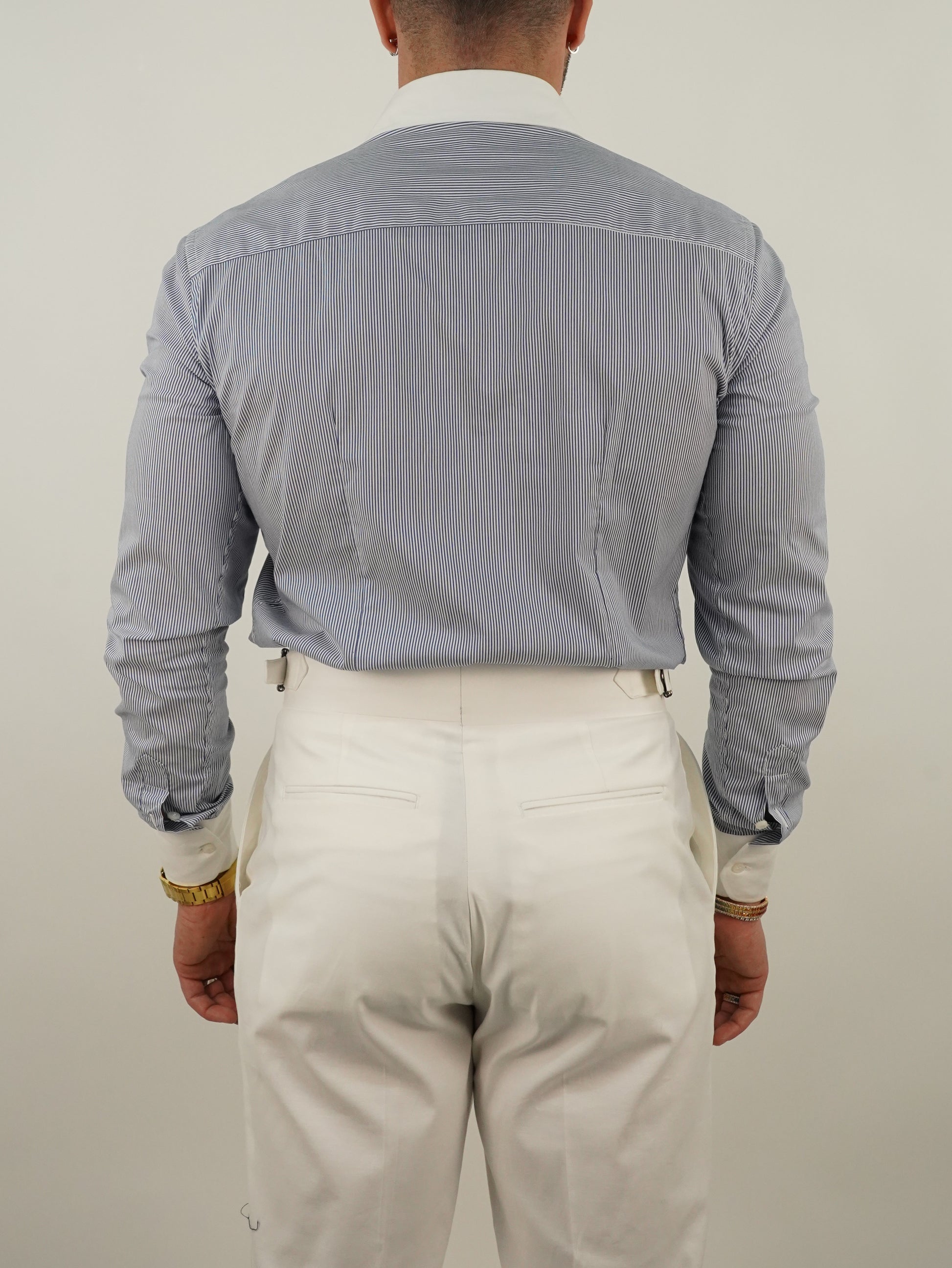 Camicia fantasia mille righe collo a vela con bottoni a scomparsa blu