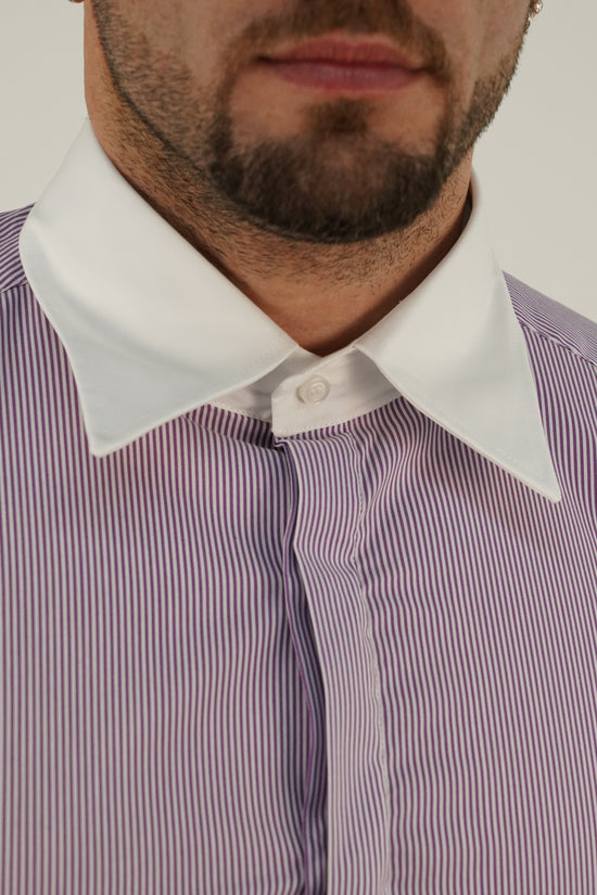 Camicie fantasia mille righe collo a vela con bottoni a scomparsa viola