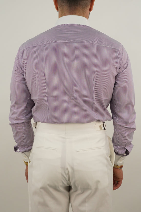 Camicie fantasia mille righe collo a vela con bottoni a scomparsa viola