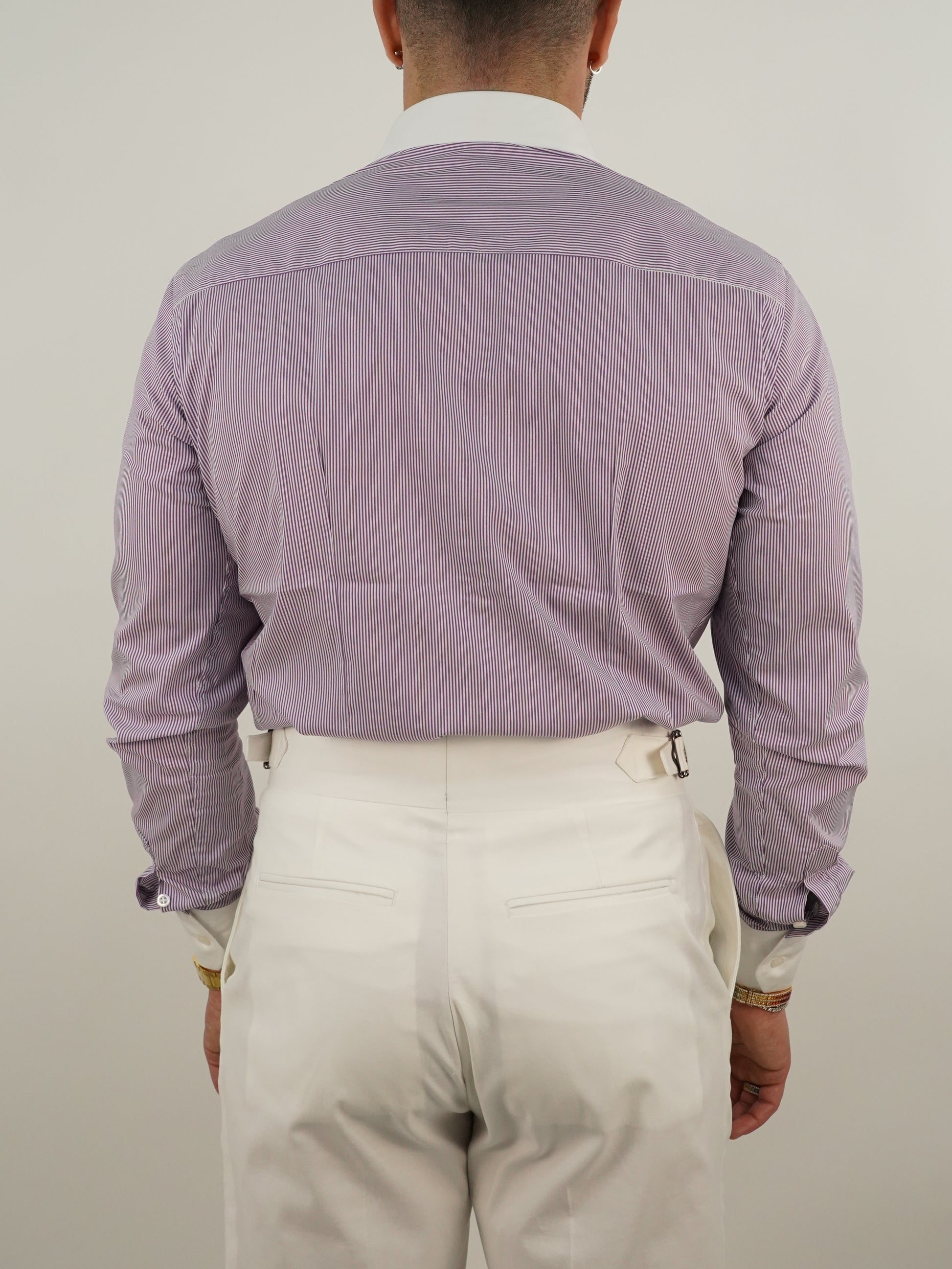 Camicie fantasia mille righe collo a vela con bottoni a scomparsa viola