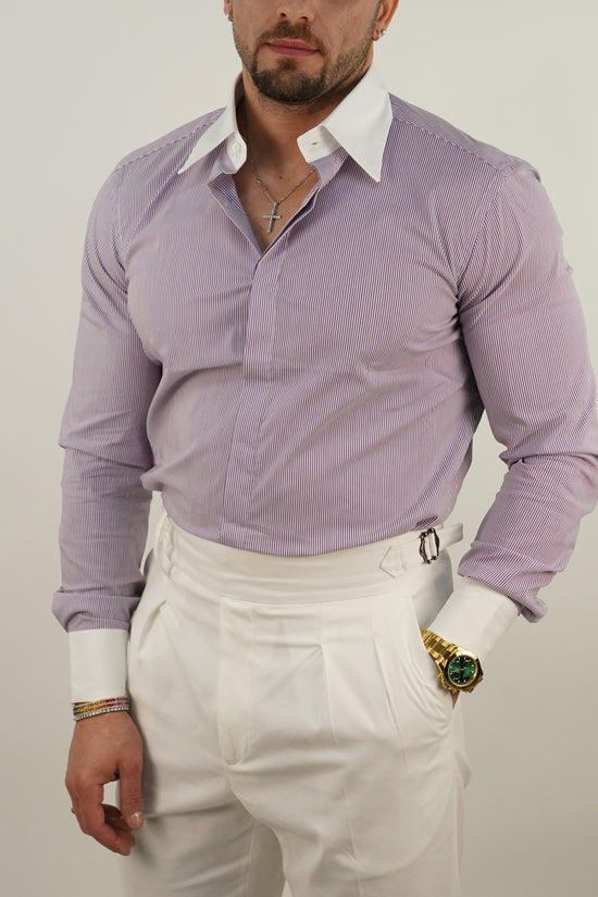 Camicie fantasia mille righe collo a vela con bottoni a scomparsa viola